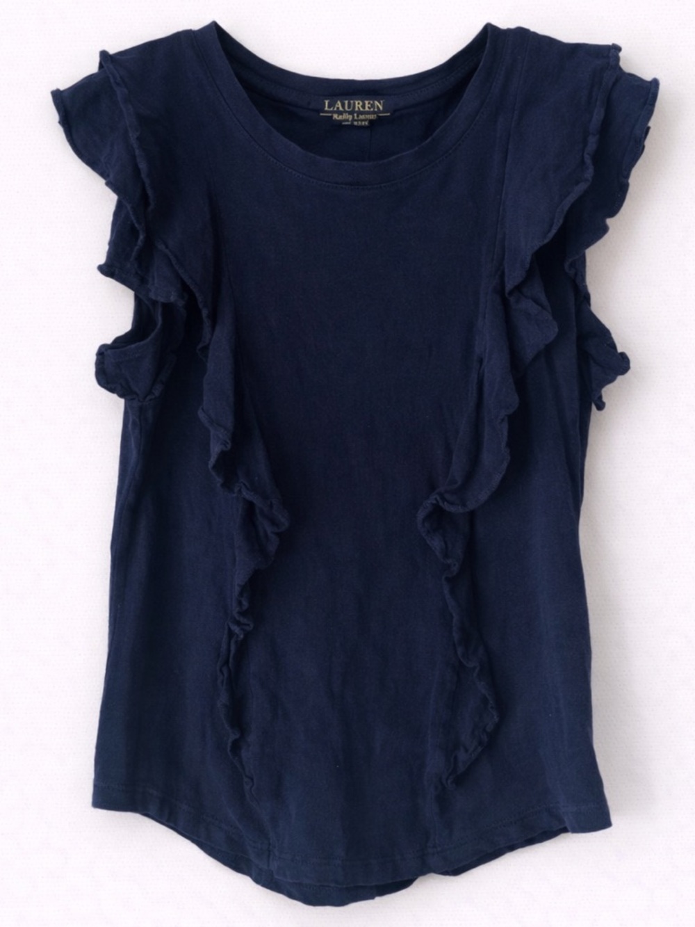 Lauren Ralph Lauren Navy Ruffle Sleeve Cotton Top Petite Small Preppy